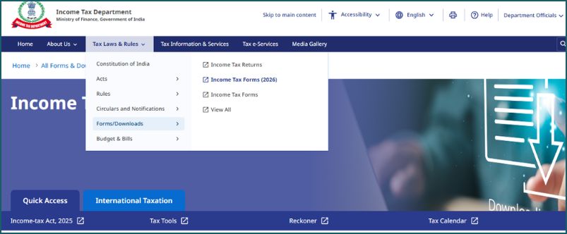 homepage of income tax website